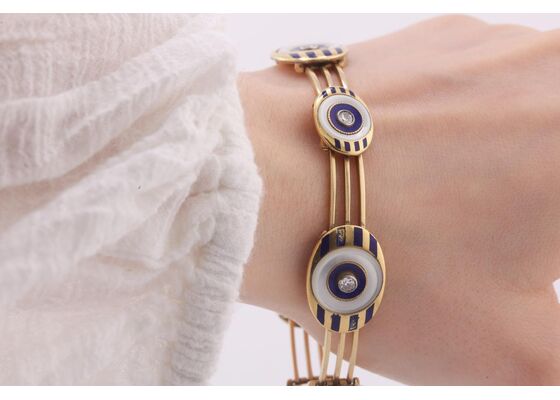 RETRO BLUE ENAMEL, MOTHER OF PEARL AND DIAMOND BRACELET