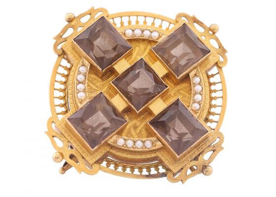 VICTORIAN CELTIC REVIVAL SMOKY QUARTZ AND SEED PEARL CROSS BROOCH, CIRCA 1880