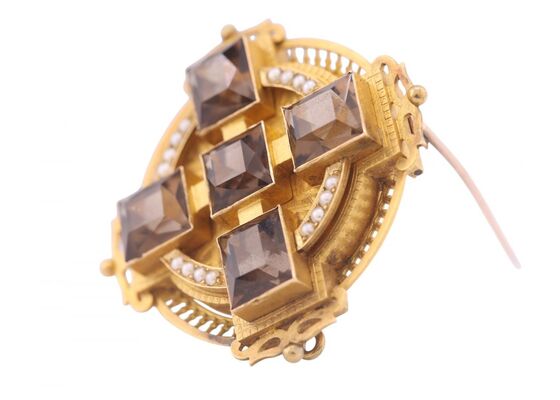 VICTORIAN CELTIC REVIVAL SMOKY QUARTZ AND SEED PEARL CROSS BROOCH, CIRCA 1880