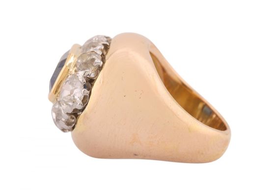 Vintage Oval Sapphire And Diamond Signet Style Cluster Ring In Yellow Gold