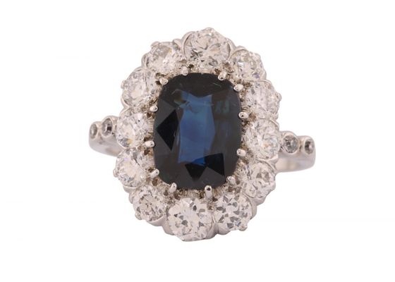 Edwardian Platinum Oval Sapphire & Diamond Cluster Ring