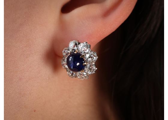 18ct Gold and Silver Cabochon Sapphire and Diamond Cluster Earrings
