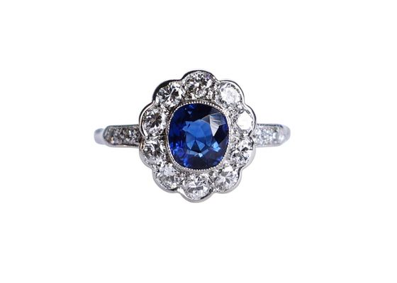 Platinum Sapphire and Diamond Cluster Ring