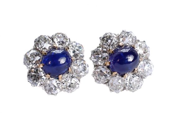 18ct Gold and Silver Cabochon Sapphire and Diamond Cluster Earrings