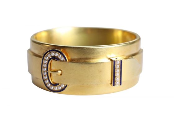 18ct Gold Pearl and Enamel Buckle Bangle
