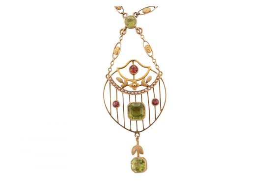 15kt Yellow Gold Peridot, Tourmaline and Seed Pearl Pendant Necklace15kt Yellow Gold Peridot, Tourmaline and Seed Pearl Pendant Necklace