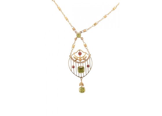 15kt Yellow Gold Peridot, Tourmaline and Seed Pearl Pendant Necklace