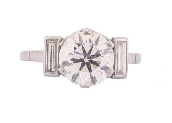 Platinum Old European Cut Diamond Ring with Baguette Diamond Shoulders