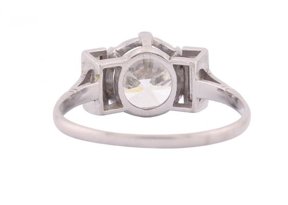 Platinum Old European Cut Diamond Ring with Baguette Diamond Shoulders