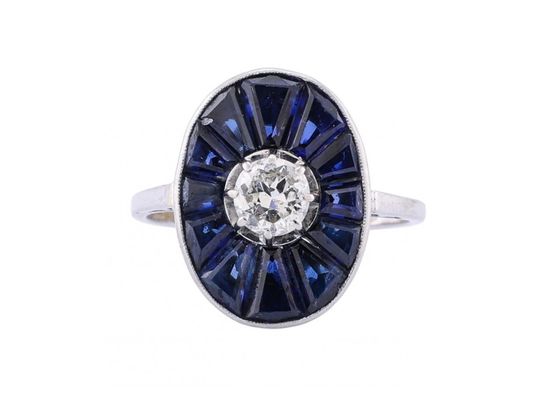 18ct White Gold Art Deco Sapphire and Diamond Target Ring