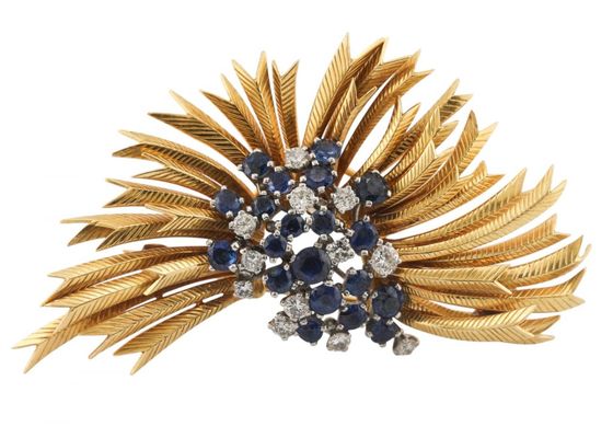 Gold, sapphire and diamond brooch