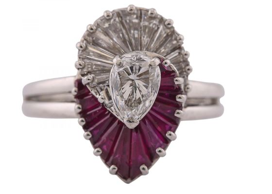 Oscar Heyman Platinum Pear Diamond and Ruby Ballerina Ring