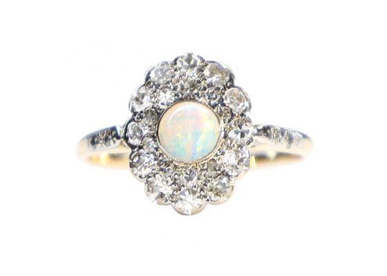 Edwardian Opal and Diamond Cluster Ring