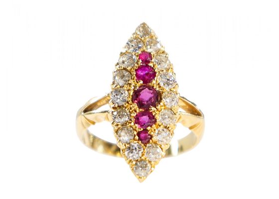 Victorian 18ct Gold Ruby and Diamond Navette Ring