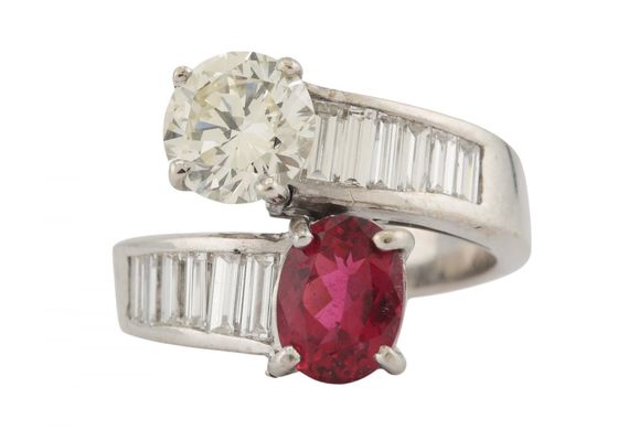 18kt White Gold Diamond and Rubellite Crossover Ring
