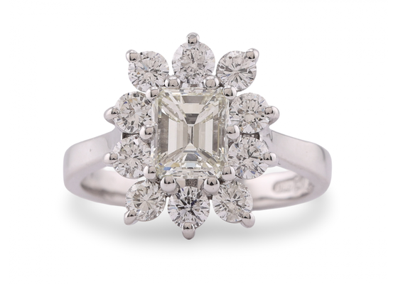 18ct White Gold Emerald Cut Diamond Cluster Ring
