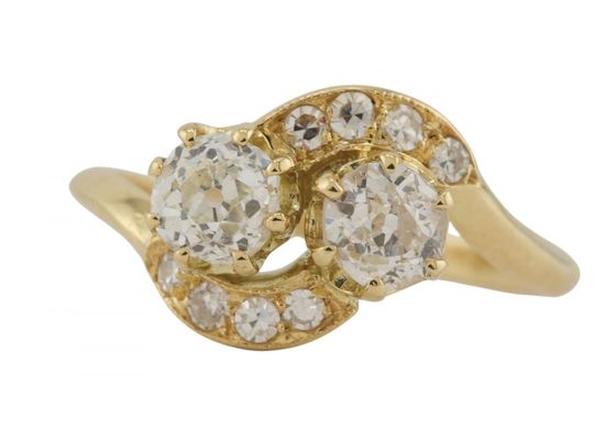 18kt Yellow Gold Old Mine Cut Diamond Two Stone Twist Ring