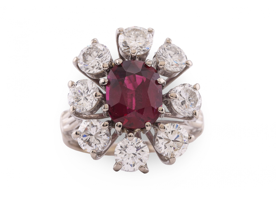 White Gold Ruby and Diamond Starburst Cluster Ring