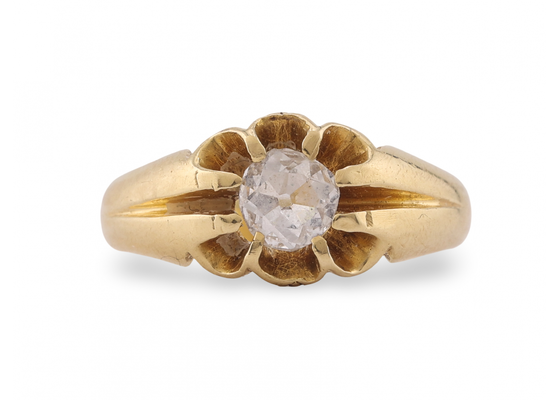 European cut diamond solitaire ring set in 18k yellow gold