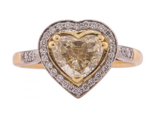 Modernist, heart shape fancy light yellow diamond cluster ring
