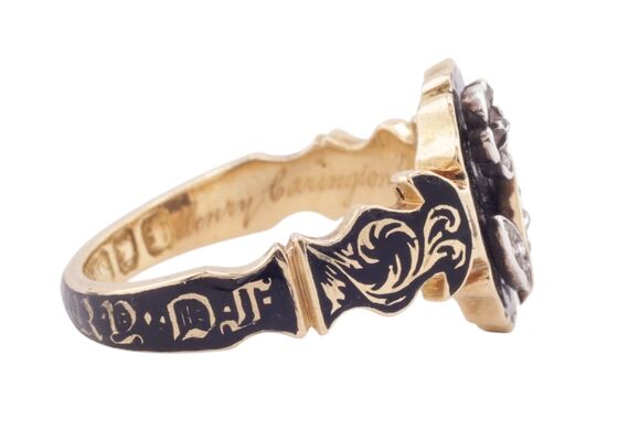 MID-VICTORIAN ENAMEL AND DIAMOND MOURNING RING, CIRCA 1852