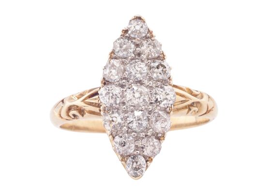 VICTORIAN OLD EUROPEAN-CUT DIAMOND NAVETTE CLUSTER RING, CIRCA 1890
