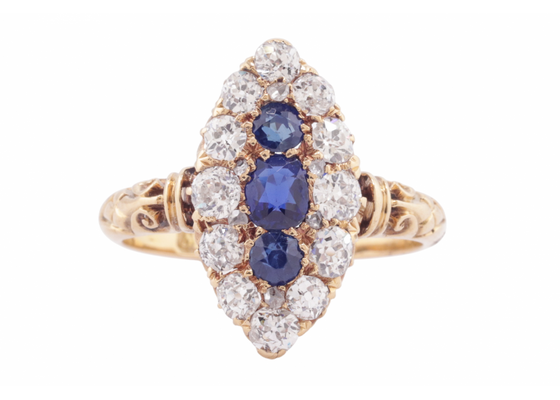 LATE VICTORIAN SAPPHIRE AND DIAMOND MARQUISE CLUSTER RING, CIRCA 1890