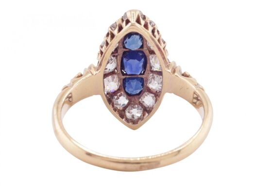 LATE VICTORIAN SAPPHIRE AND DIAMOND MARQUISE CLUSTER RING, CIRCA 1890