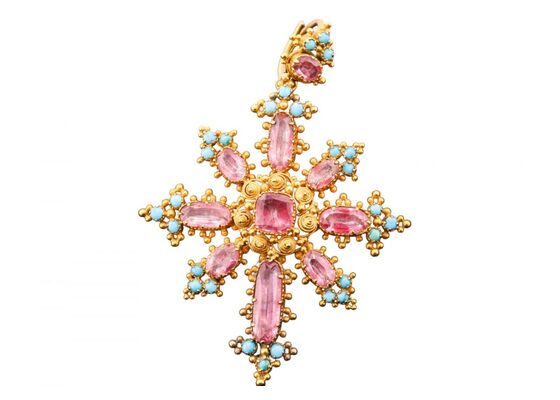 LATE GEORGIAN PINK TOPAZ AND TURQUOISE CROSS, CIRCA 1830