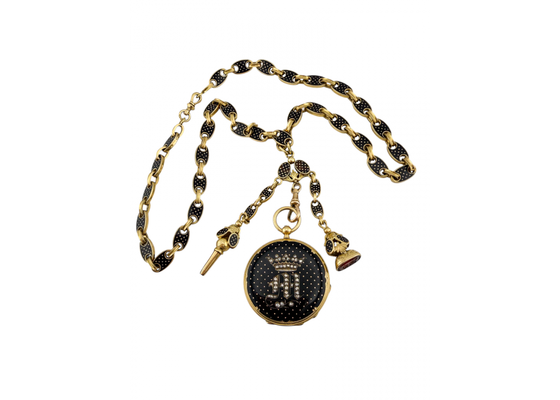 Yellow Gold Rose Cut Diamond and Black Enamel Fob Watch with Enamelled Longchain, Key and Carnelian Seal