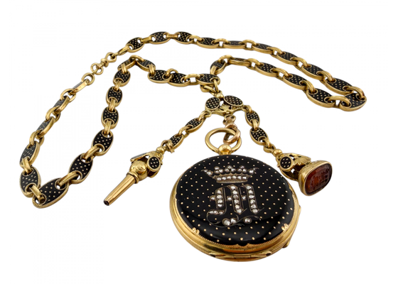 Yellow Gold Rose Cut Diamond and Black Enamel Fob Watch with Enamelled Longchain, Key and Carnelian Seal