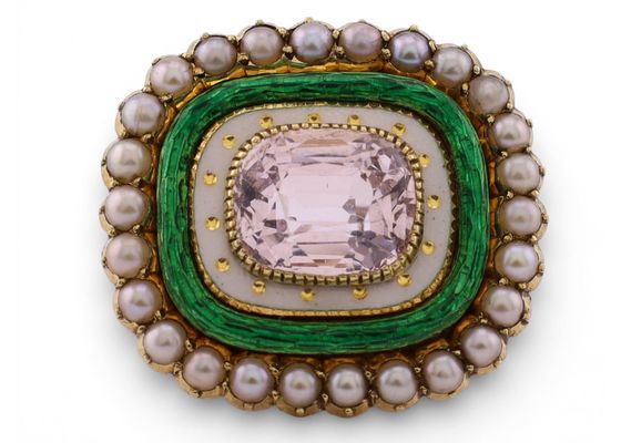 Antique Pink Topaz, Pearl and Enamel Brooch