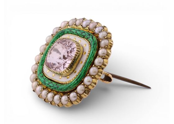 Antique Pink Topaz, Pearl and Enamel Brooch