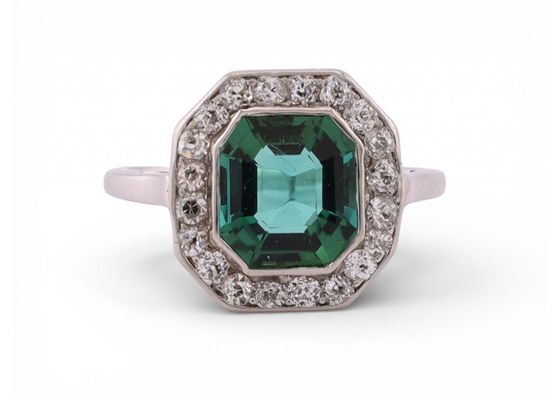 Art Deco Green Tourmaline and Diamond Cluster Ring in Platinum