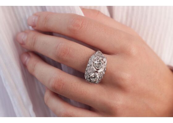 Art Deco style two stone diamond plaque ring in 18kt white gold