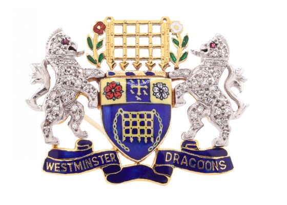 VINTAGE 'WESTMINSTER DRAGOONS' 18K REGIMENTAL BROOCH, 1978