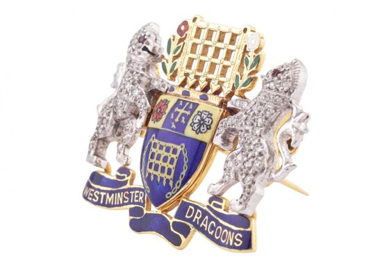 VINTAGE 'WESTMINSTER DRAGOONS' 18K REGIMENTAL BROOCH, 1978