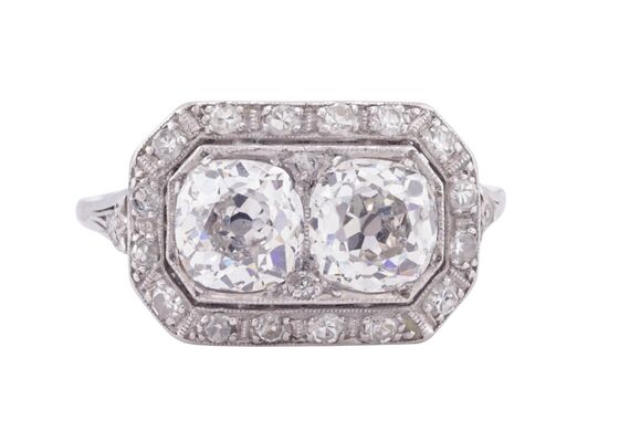 Platinum Art Deco Twin Cushion Cut Diamond Ring