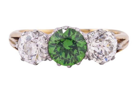 DEMANTOID GARNET AND DIAMOND THREE STONE RING
