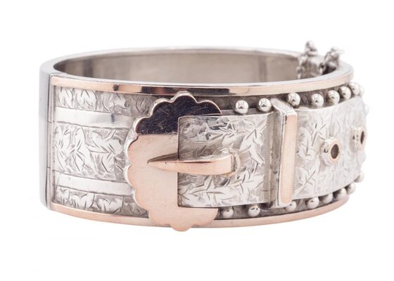 VICTORIAN SILVER AND GOLD BUCKLE BANGLE, CIRCA 1885