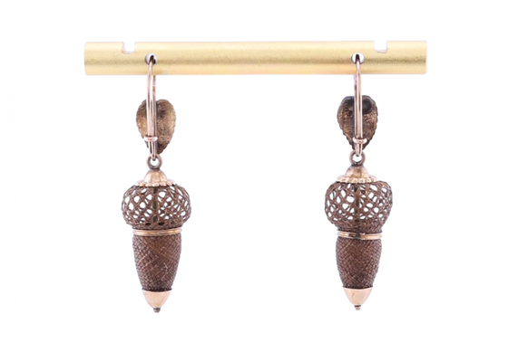 Gold and Hairwork Acorn Drop Earrings